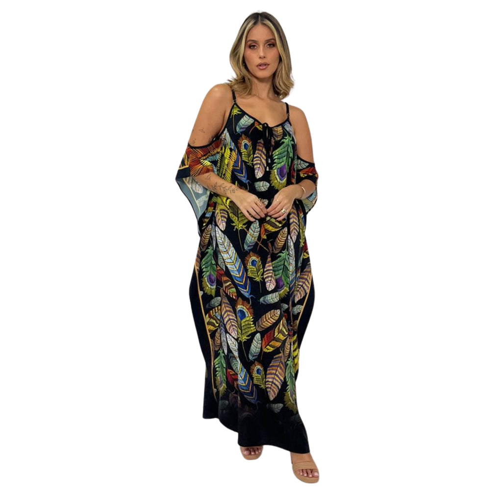 KAFTAN VESTIDO Longo de alça, ombro aberto Bixugrillo estampa Penas Black