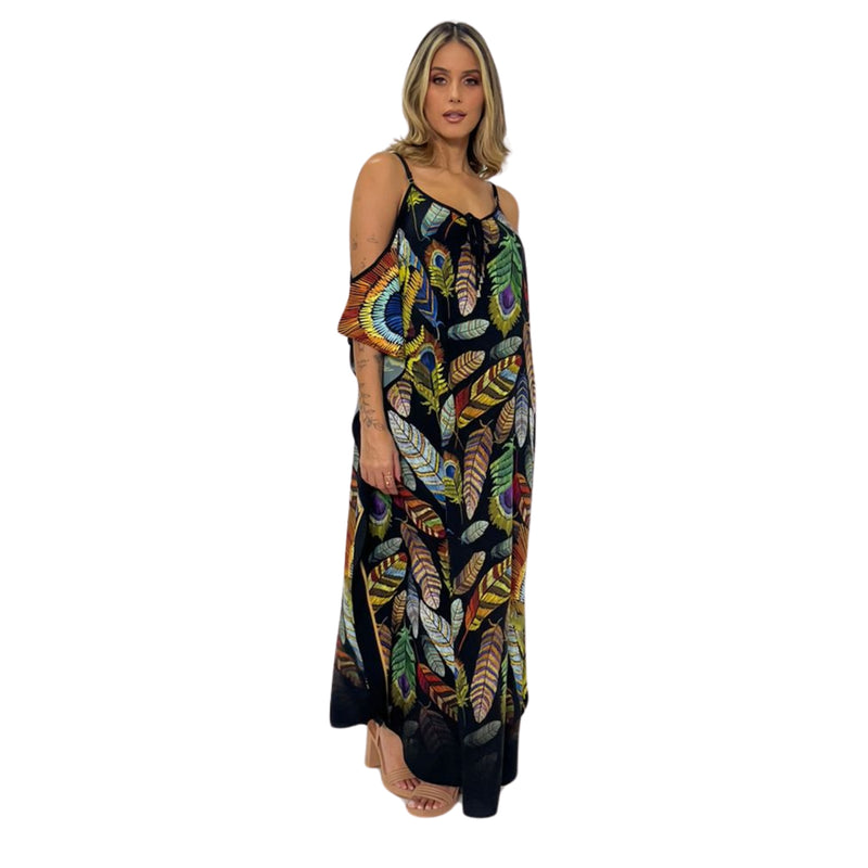 KAFTAN VESTIDO Longo de alça, ombro aberto Bixugrillo estampa Penas Black