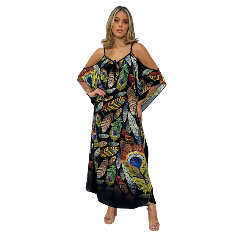 KAFTAN VESTIDO Longo de alça, ombro aberto Bixugrillo estampa Penas Black