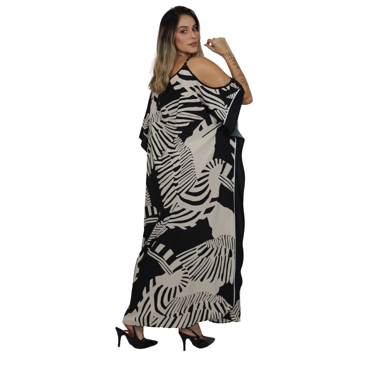 KAFTAN VESTIDO Longo de alça, ombro aberto Bixugrillo estampa Tuka black