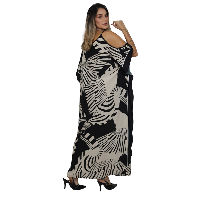 KAFTAN VESTIDO Longo de alça, ombro aberto Bixugrillo estampa Tuka black