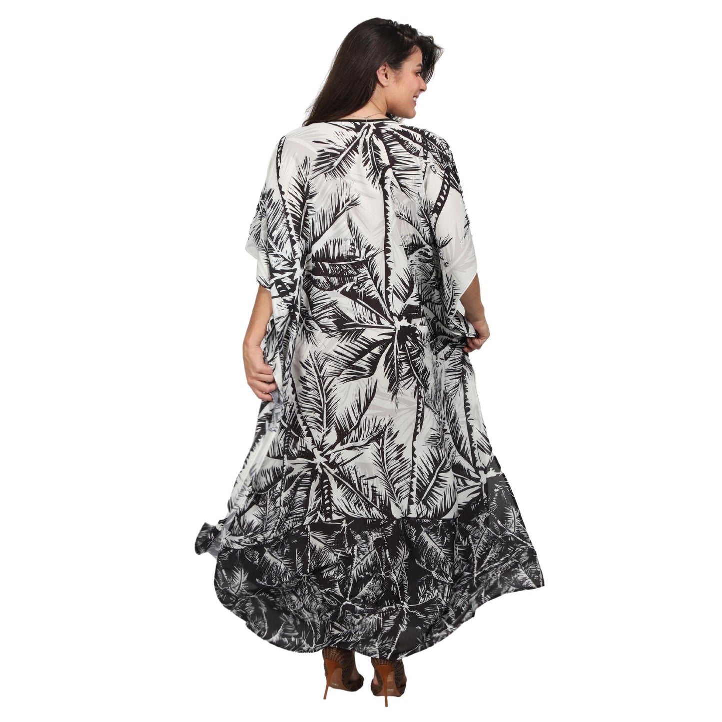 Kaftan vestido longa estampada Coqueiros preto e branco