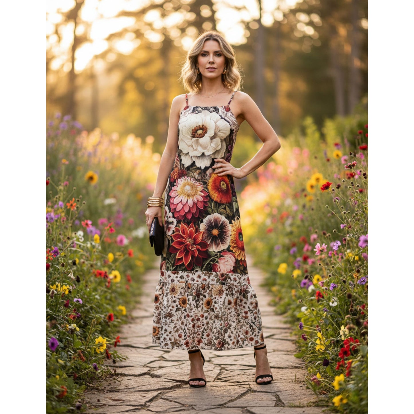 Vestido Evasê Midi  Bixugrillo estampado Garden