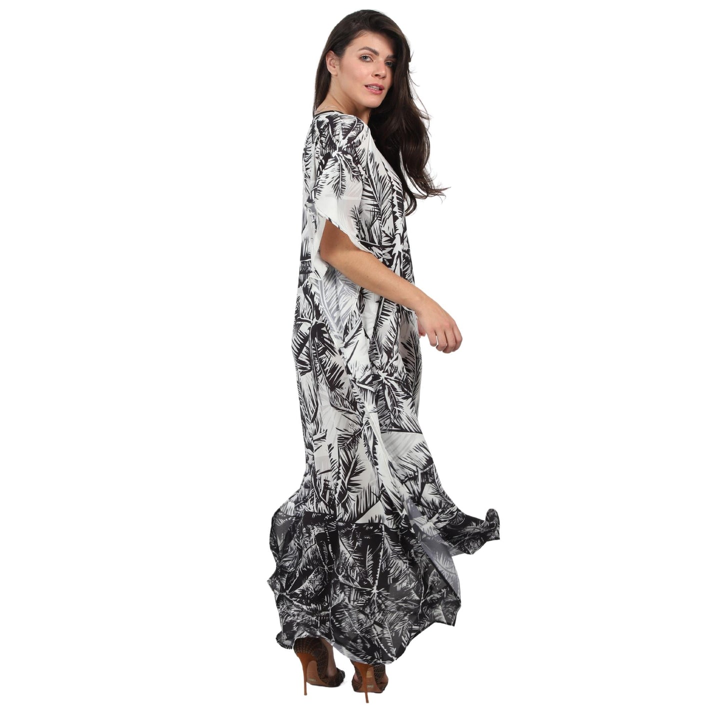 Kaftan vestido longa estampada Coqueiros preto e branco