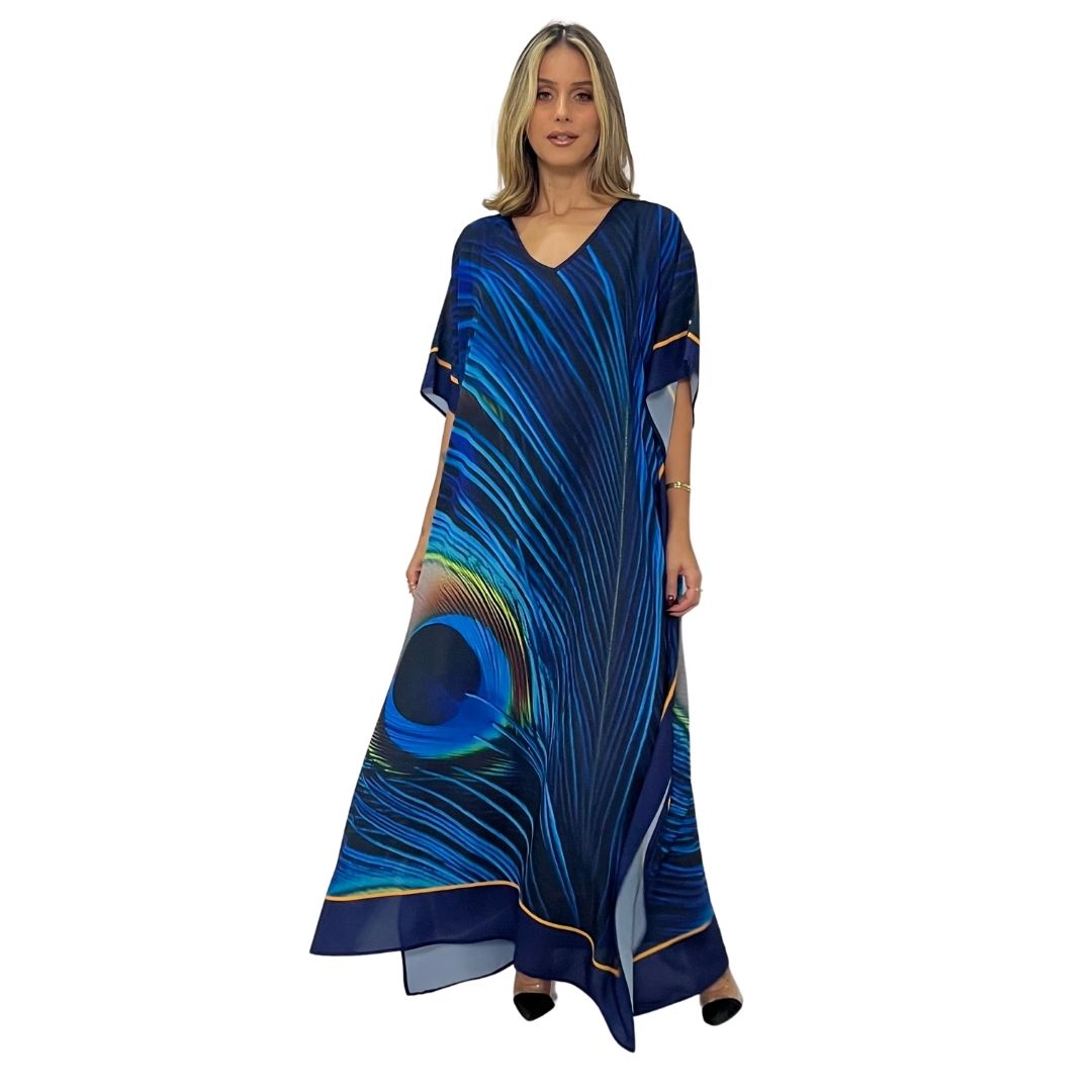 Kaftan Longa estampada Bixugrillo Penas de pavão