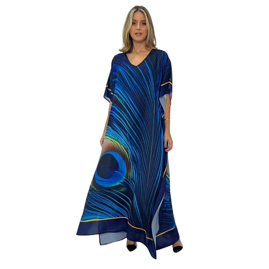 Kaftan Longa estampada Bixugrillo Penas de pavão