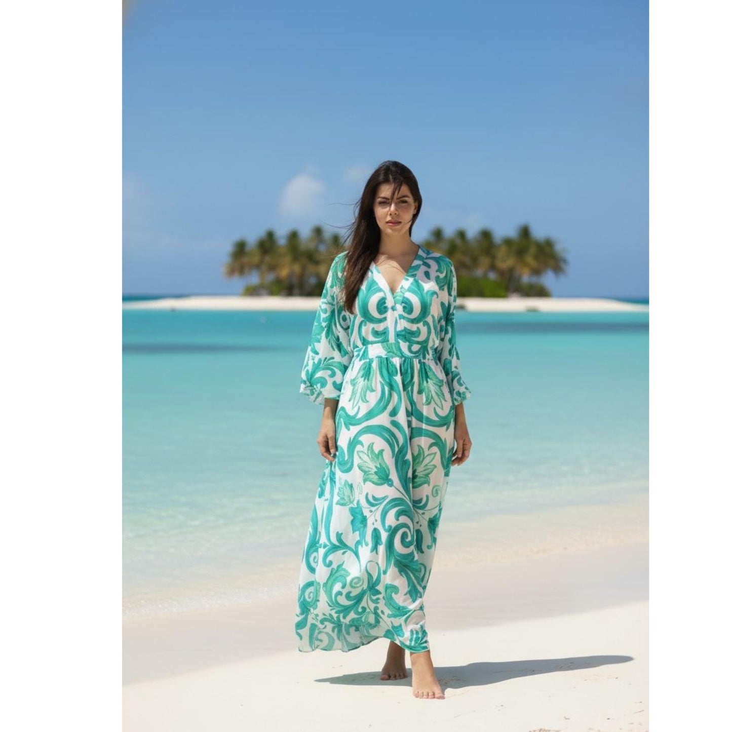 Vestido  kaftan Chifon toque de Seda de  Bixugrillo estampado Moldura azul