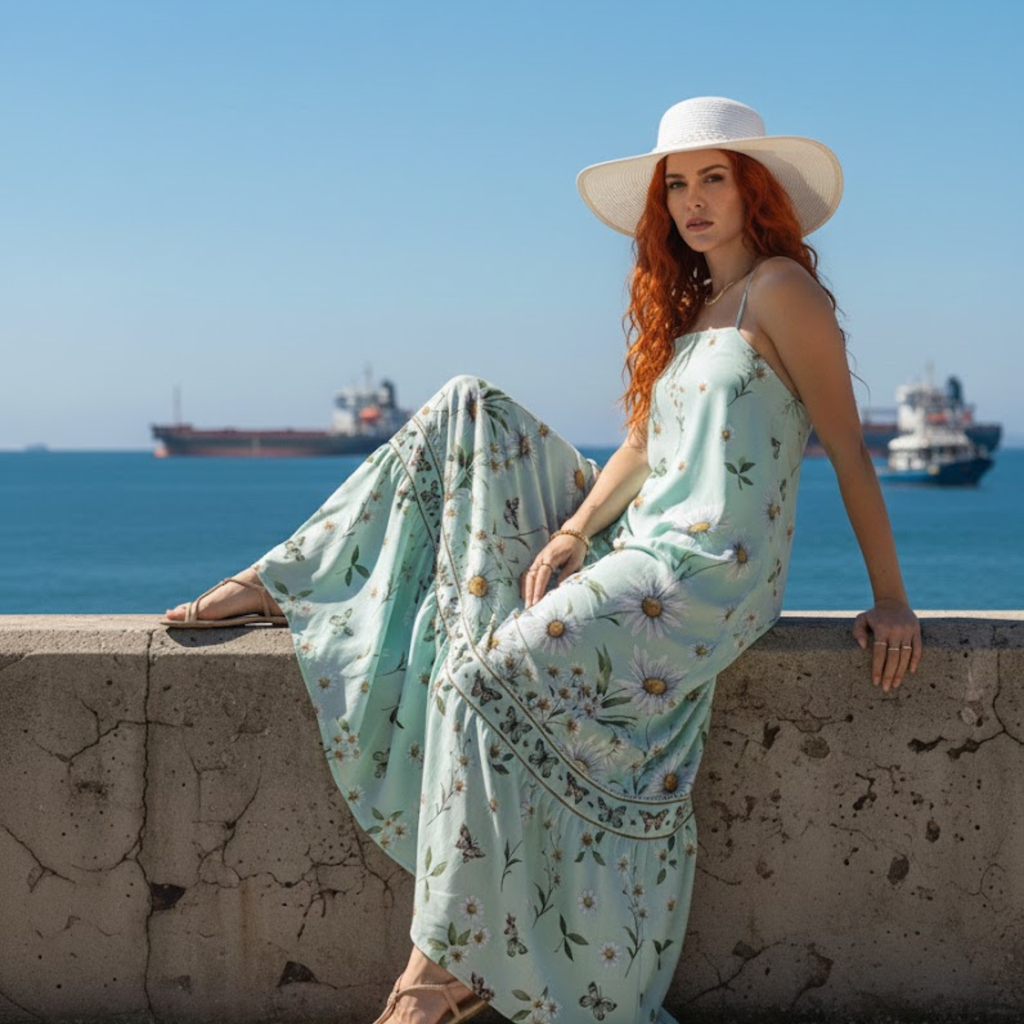 Vestido Evasê Midi de Alça  Bixugrillo estampado Margaridas Verde