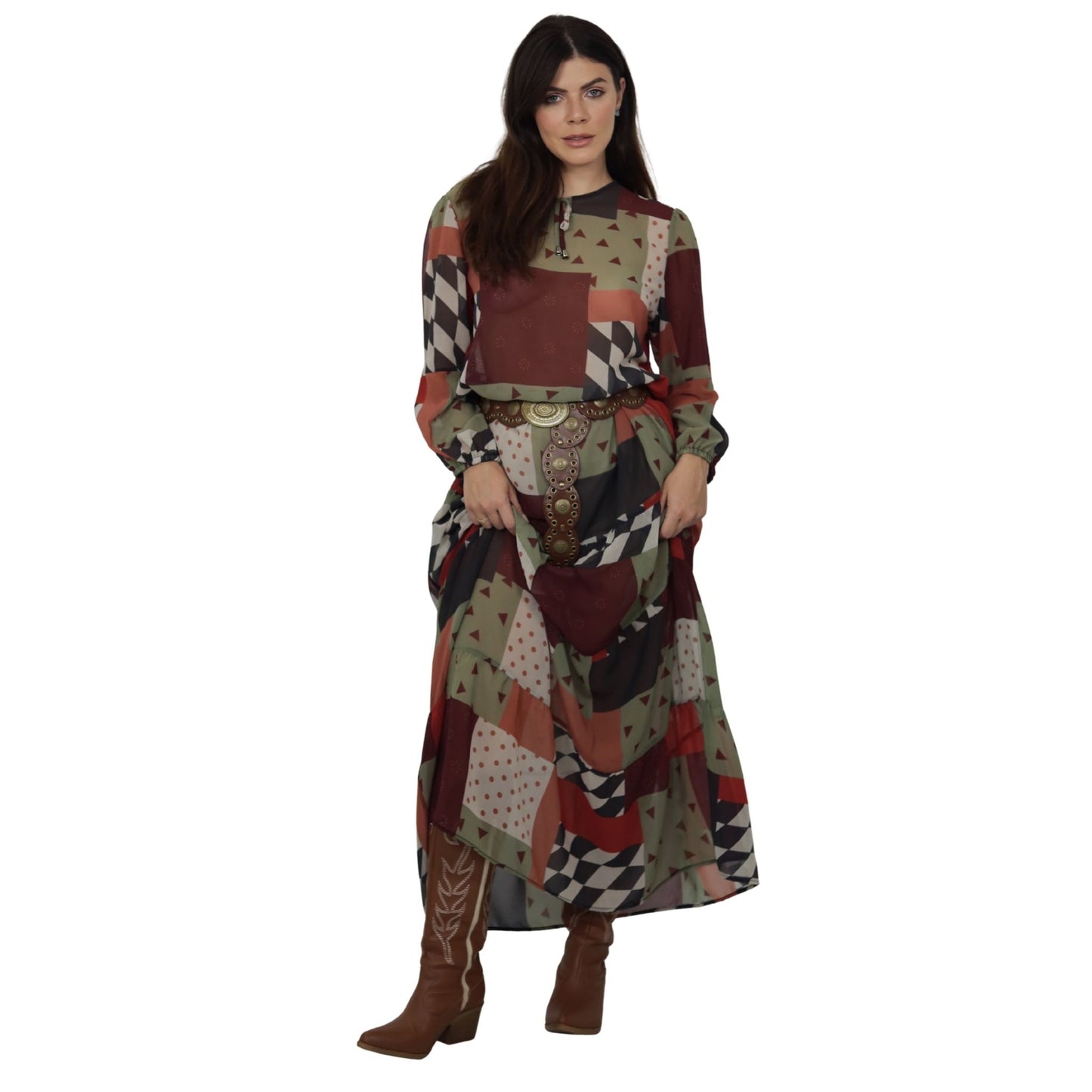 Vestido Longo Bixugrillo estampado patchwork