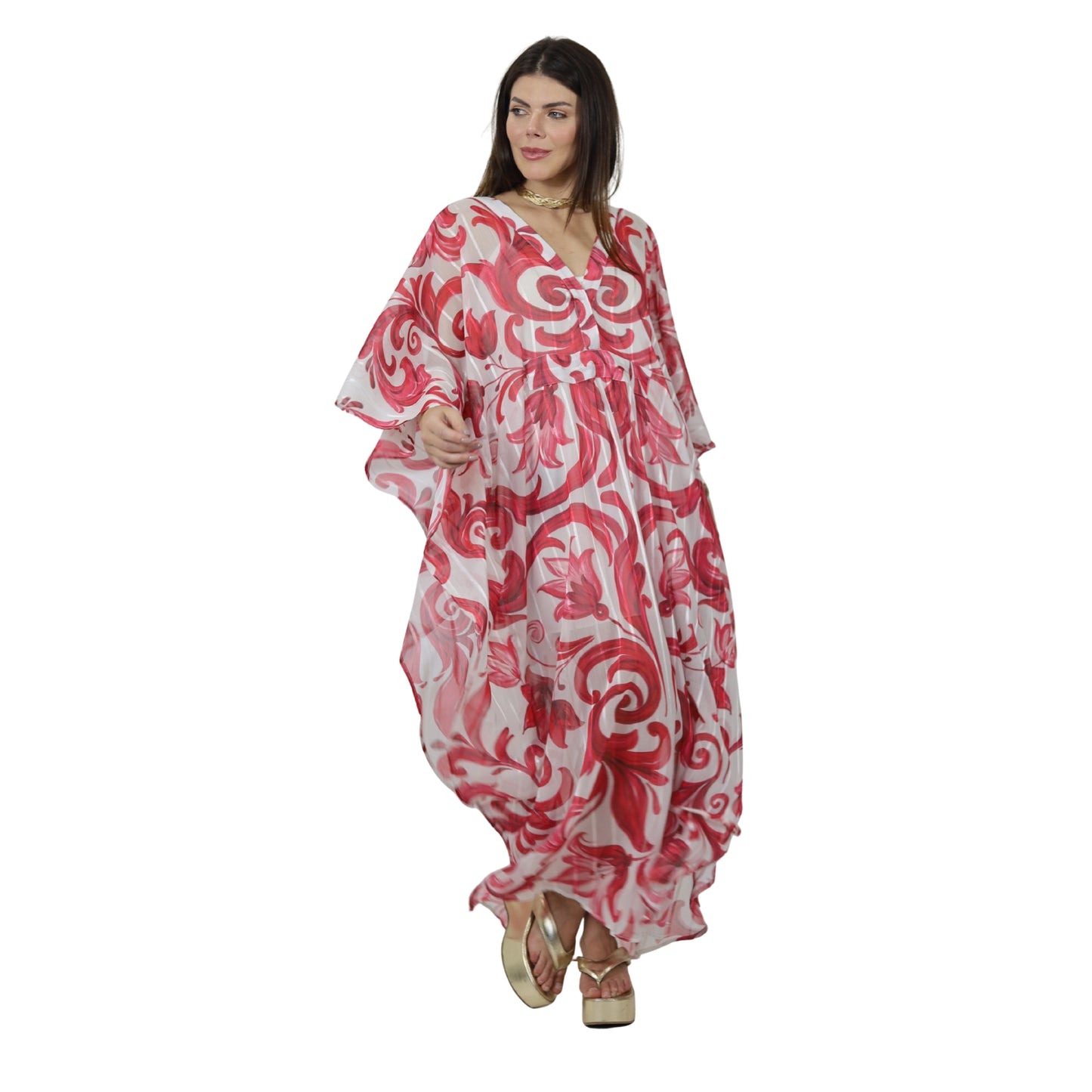 Vestido  kaftan Chifon toque de Seda de  Bixugrillo estampado Moldura Rosa