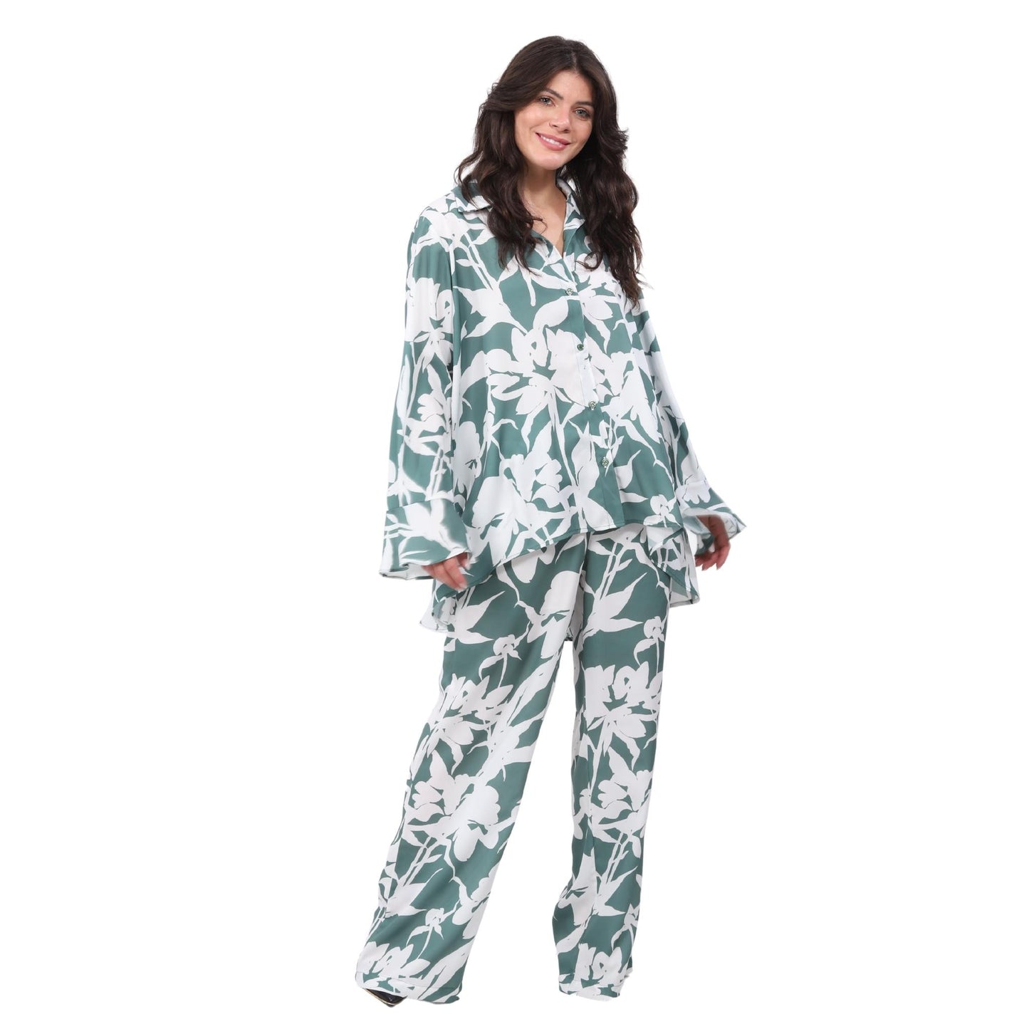 Calça pantalona BIXUGRILLO estampada Floral verde