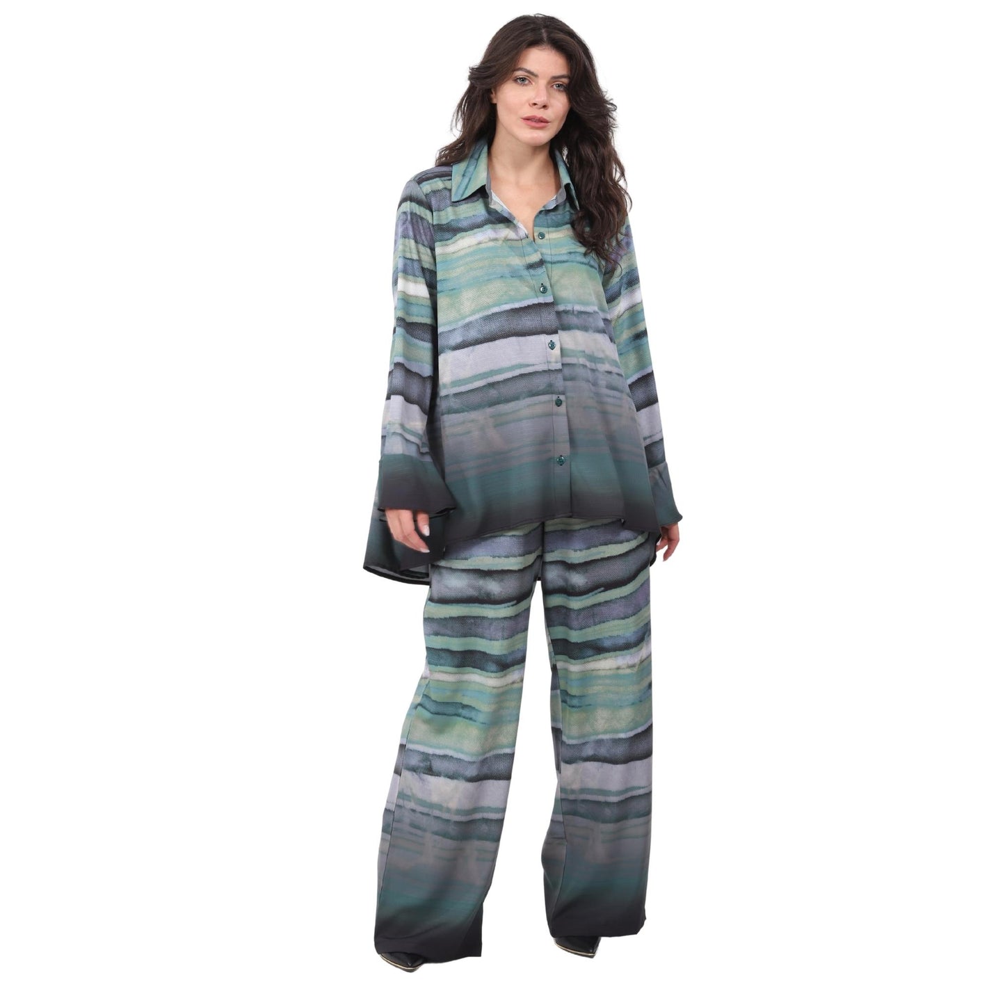 Calça pantalona BIXUGRILLO estampada Ondas verdes