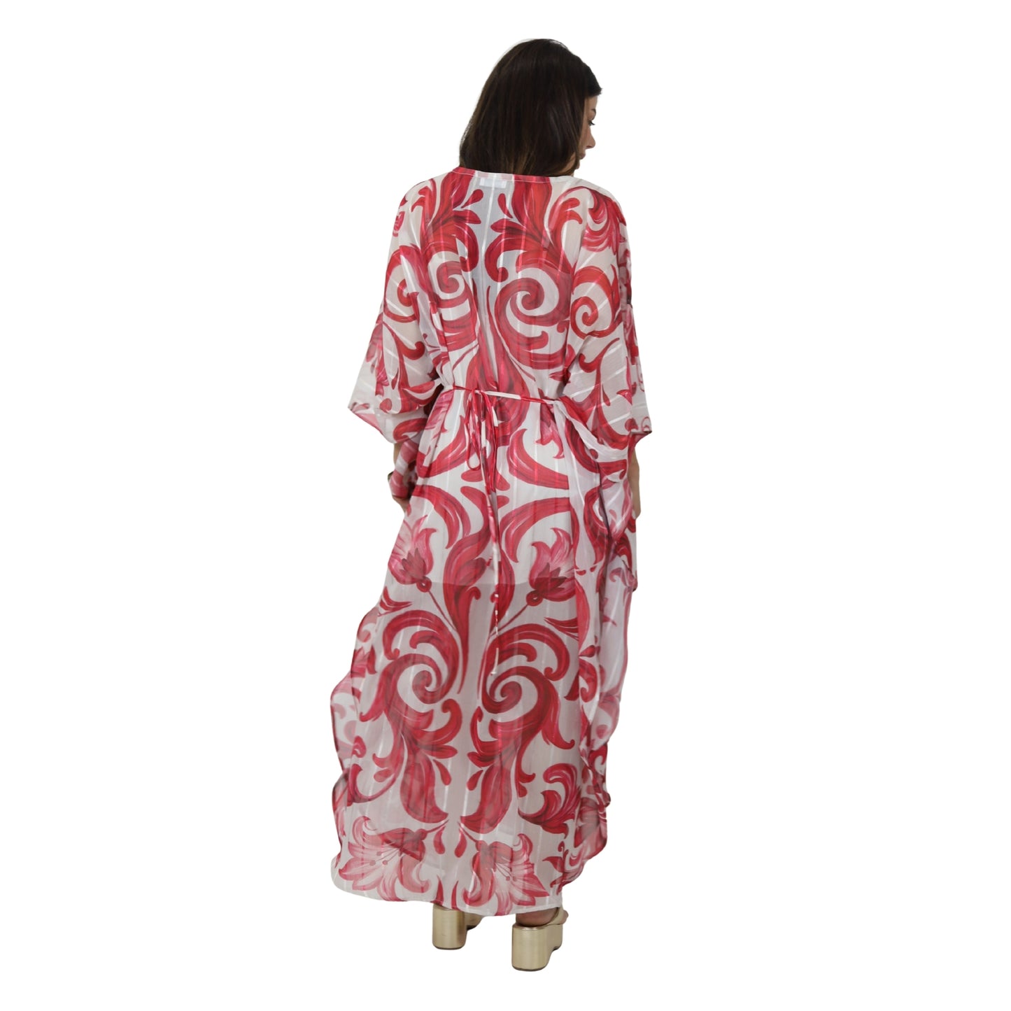 Vestido  kaftan Chifon toque de Seda de  Bixugrillo estampado Moldura Rosa