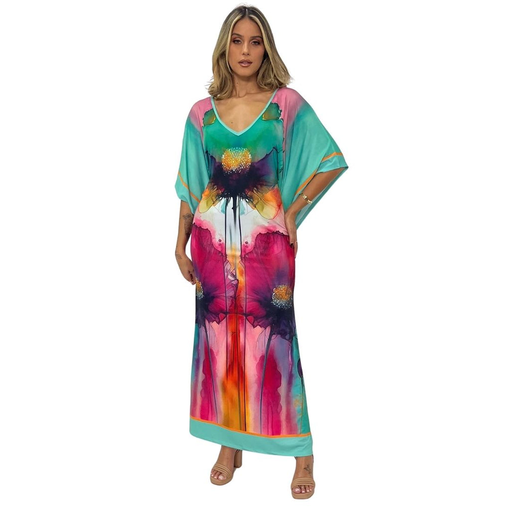 Kaftan vestido longo malha Bixugrillo estampa Aquqarela Duo