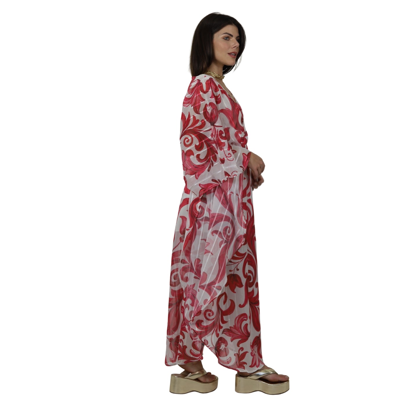 Vestido  kaftan Chifon toque de Seda de  Bixugrillo estampado Moldura Rosa