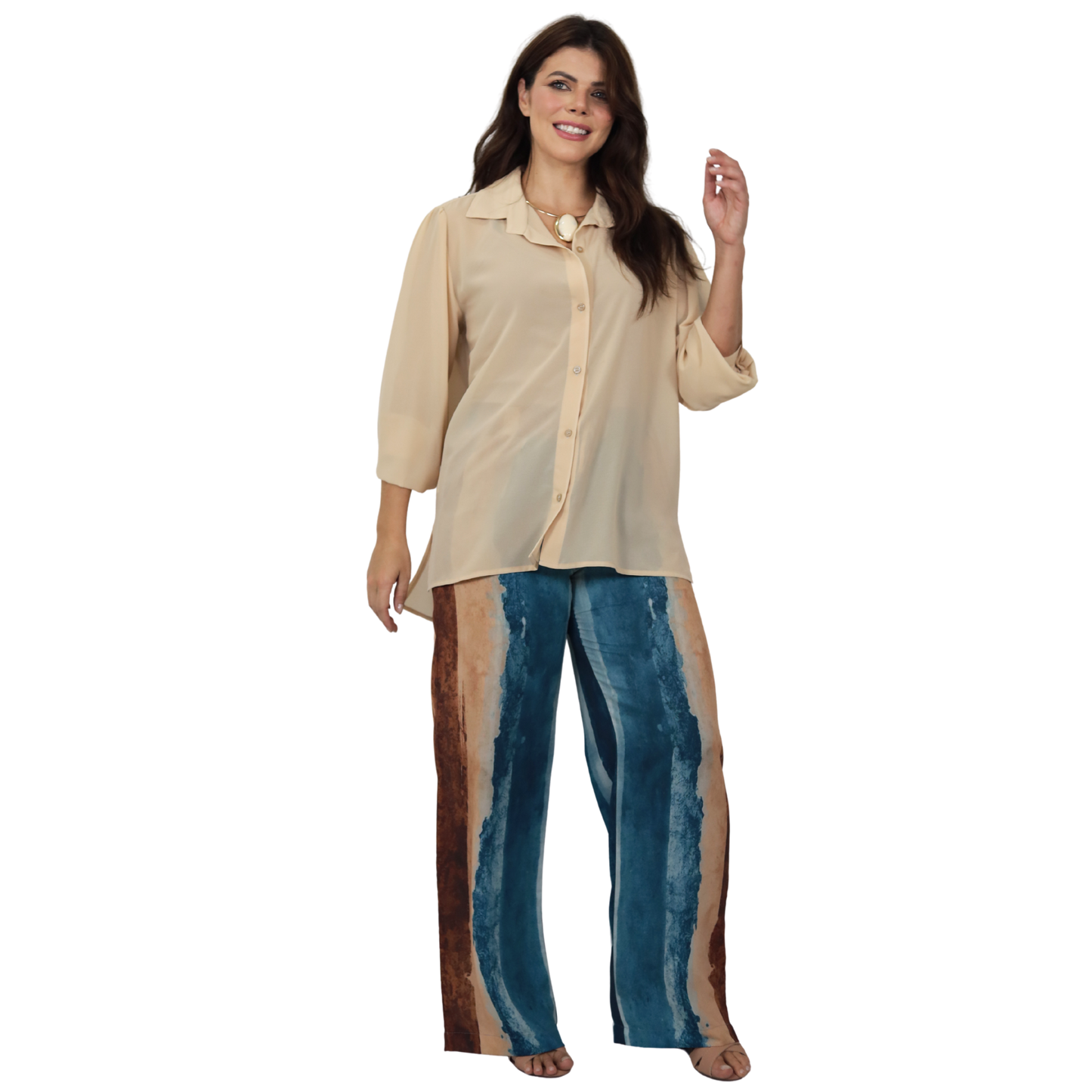 Conjunto 2pçs Camisão bege e Pantalona BIXUGRILLO estampado listras aquareladas