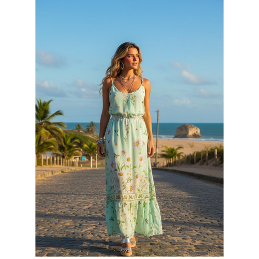 Vestido  Midi de Alça Bixugrillo estampado Margaridas Verde