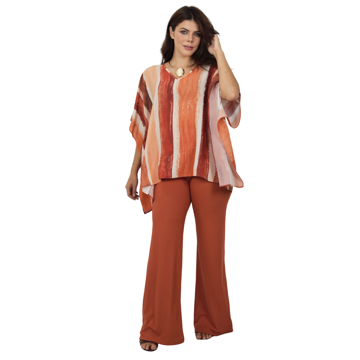 Conjunto Blusa kaftan e Pantalona BIXUGRILLO estampada Belle Rivière Terracotta
