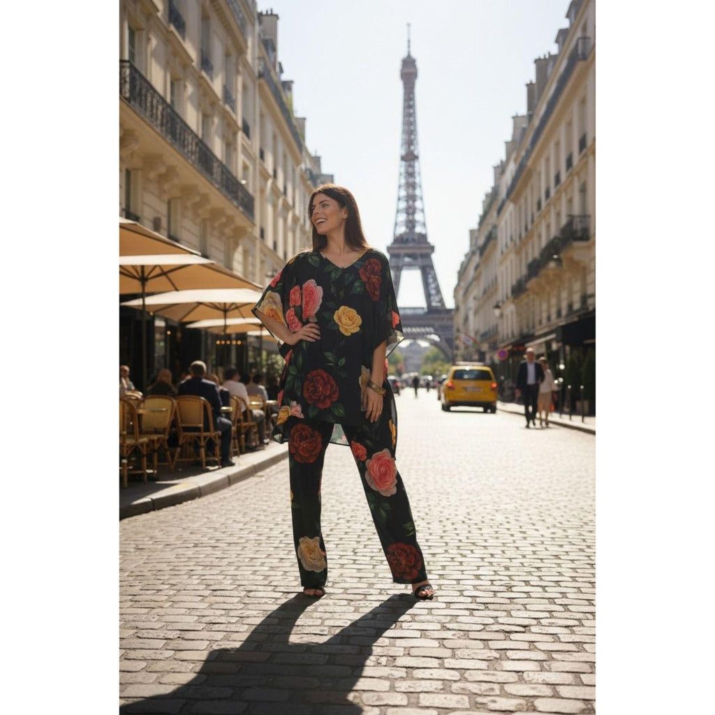 Conjunto Blusa kaftan e Calça Reta BIXUGRILLO estampada Rosas Bloom