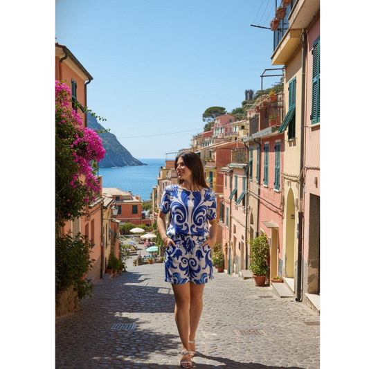 Conjunto de Blusa e Short BIXUGRILLO estampado Moldura Azul