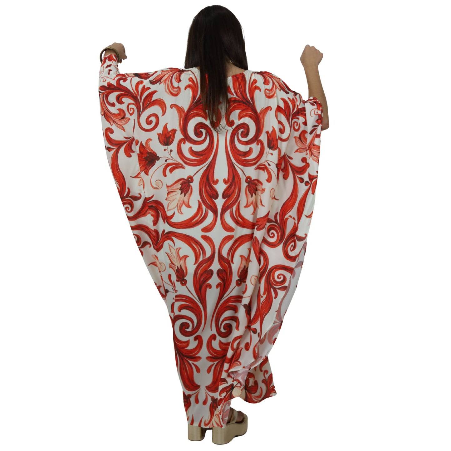 Vestido  kaftan Chifon toque de Seda de  Bixugrillo estampado Moldura Laranja