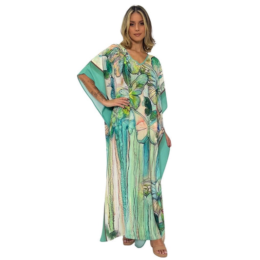 Kaftan Longa estampada Bixugrillo Verde Aquarela