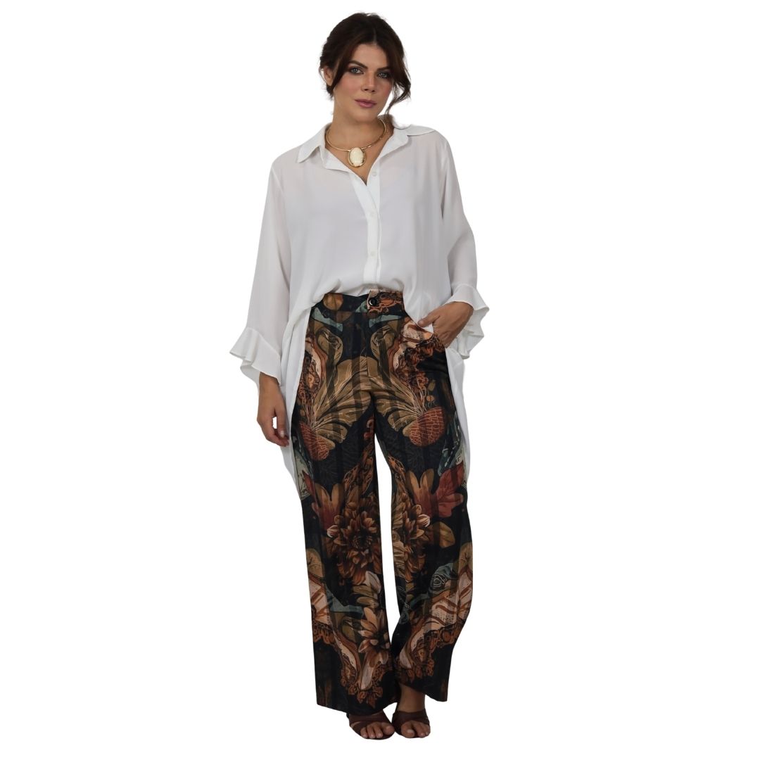 Conjunto Essenza Selva, 2 pçs Feminino Blusa Mullet e Calça Estampada em Georgette Toque de Seda | BIX.G.