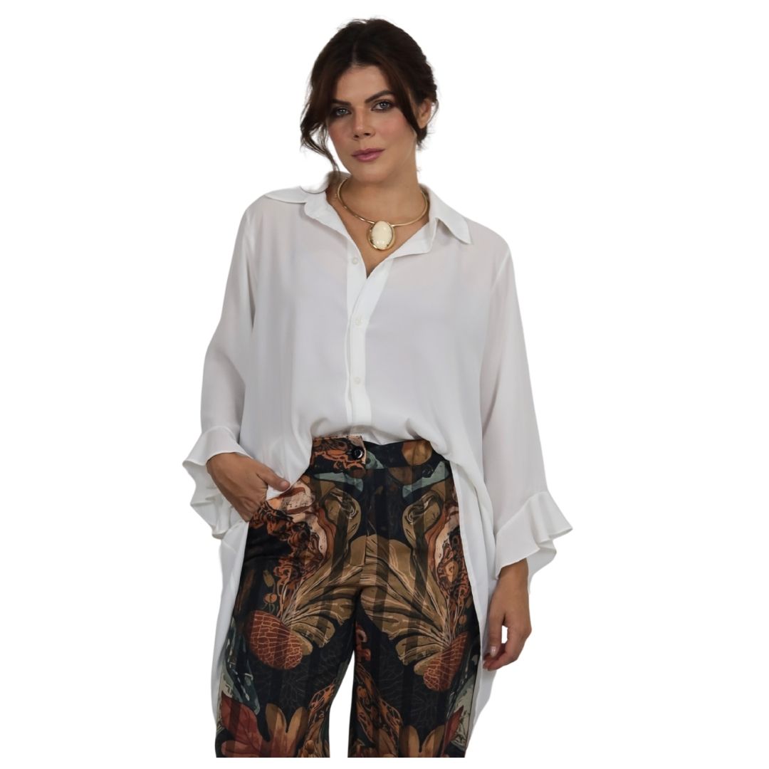 Conjunto Essenza Selva, 2 pçs Feminino Blusa Mullet e Calça Estampada em Georgette Toque de Seda | BIX.G.