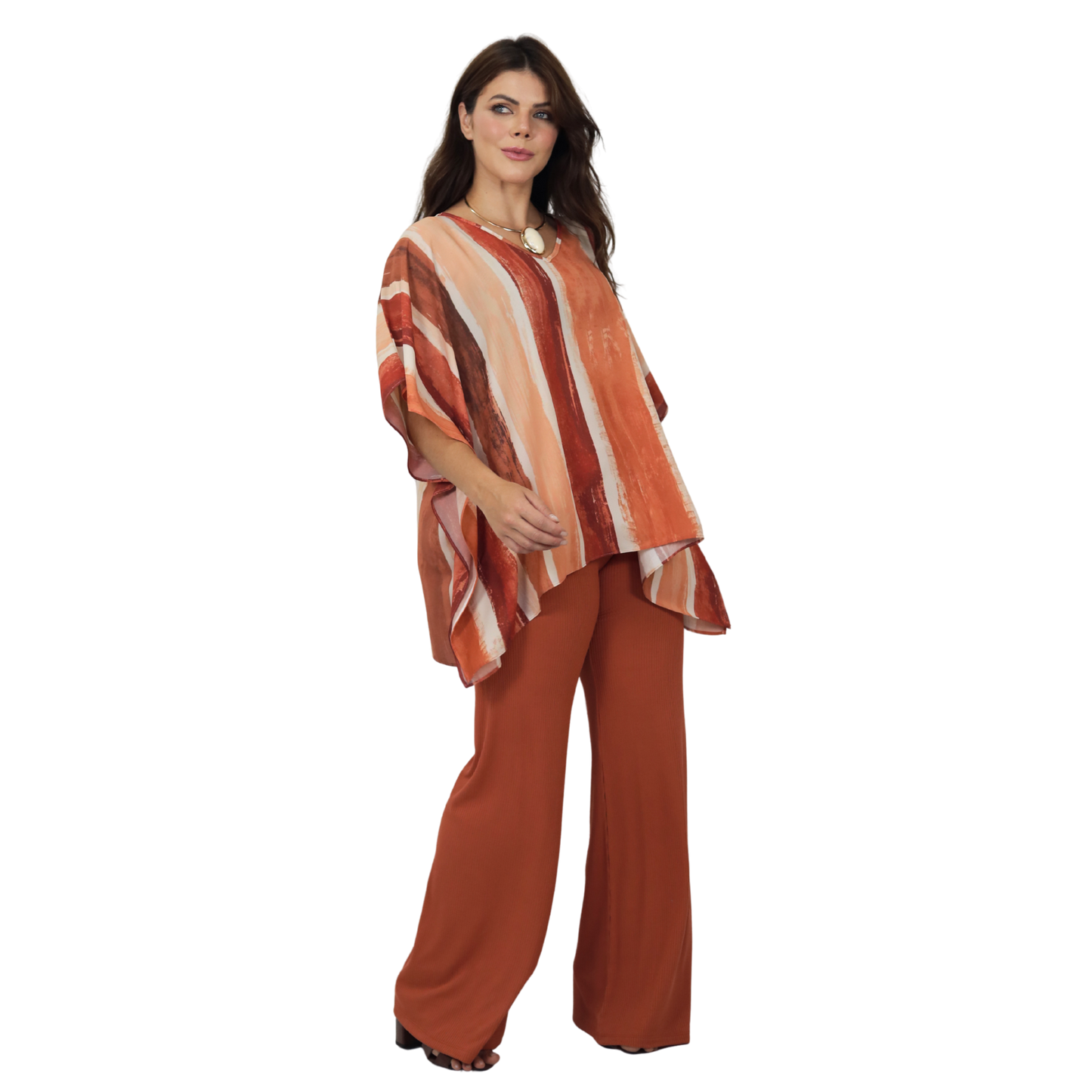 Conjunto Blusa kaftan e Pantalona BIXUGRILLO estampada Belle Rivière Terracotta