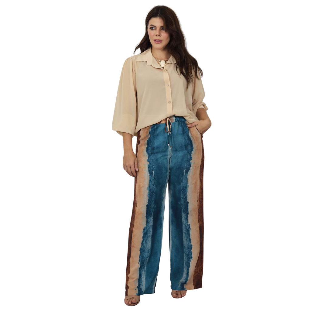 Conjunto 2pçs Camisão bege e Pantalona BIXUGRILLO estampado listras aquareladas