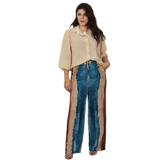 Conjunto 2pçs Camisão bege e Pantalona BIXUGRILLO estampado listras aquareladas