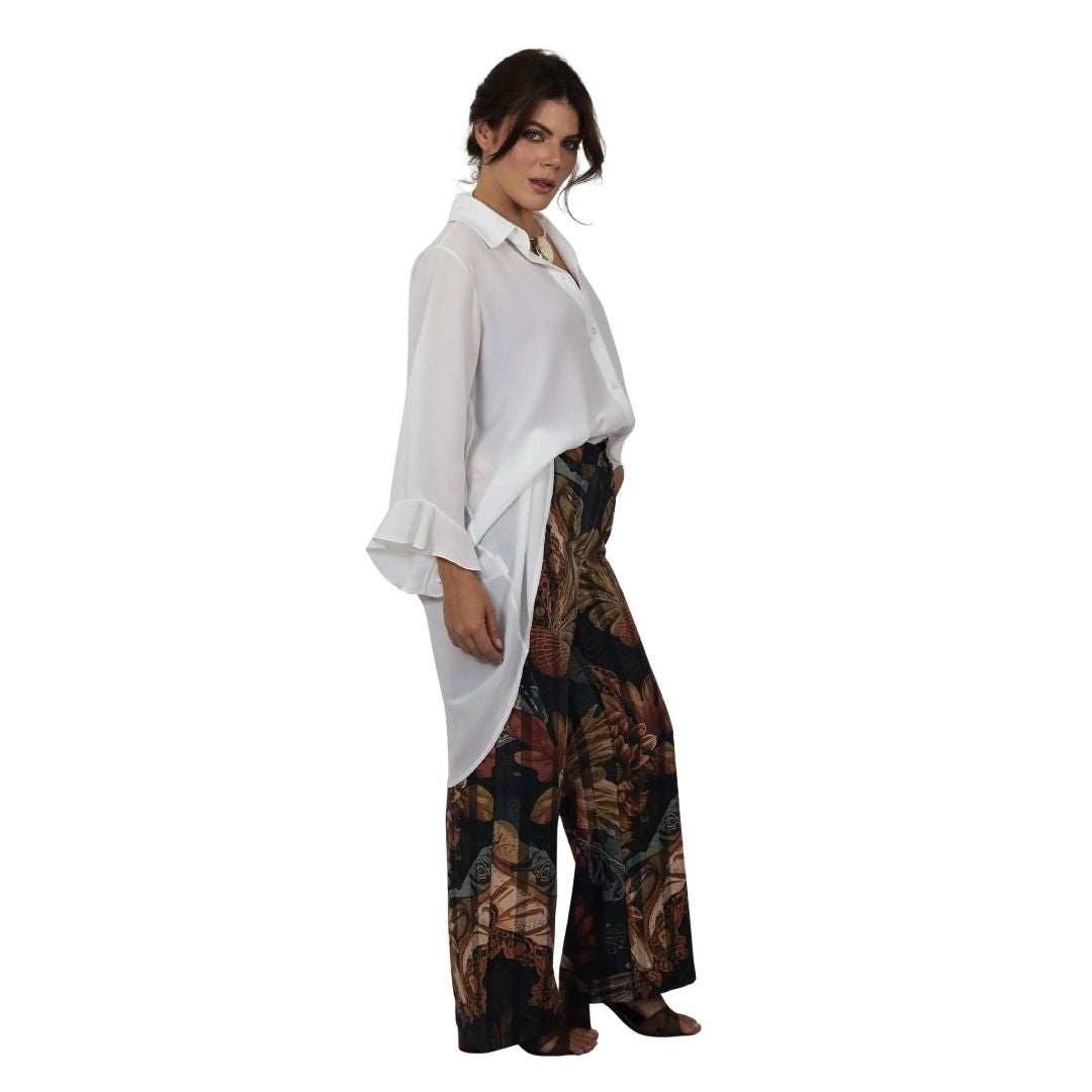 Conjunto Essenza Selva, 2 pçs Feminino Blusa Mullet e Calça Estampada em Georgette Toque de Seda | BIX.G.
