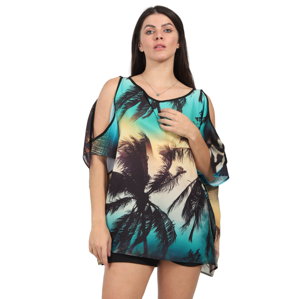 Blusa Kaftan ombro aberto estampada Praia pavão