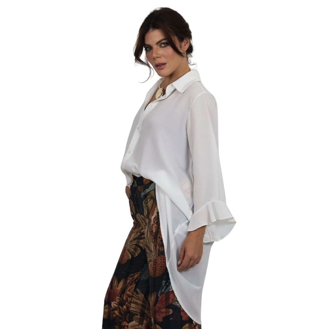 Conjunto Essenza Selva, 2 pçs Feminino Blusa Mullet e Calça Estampada em Georgette Toque de Seda | BIX.G.