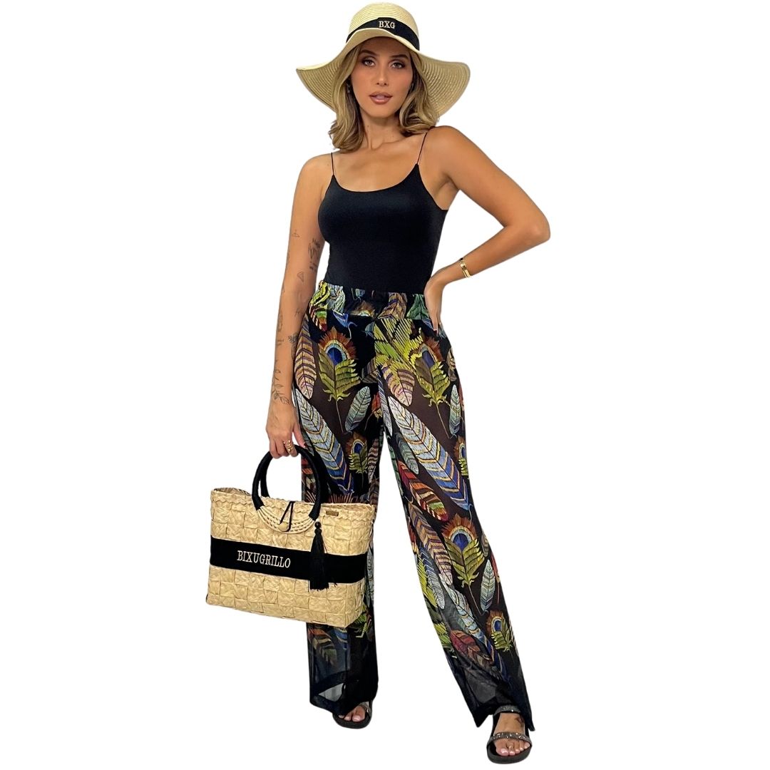 Calça pantalona em Tule BIXUGRILLO estampada  Penas Balck