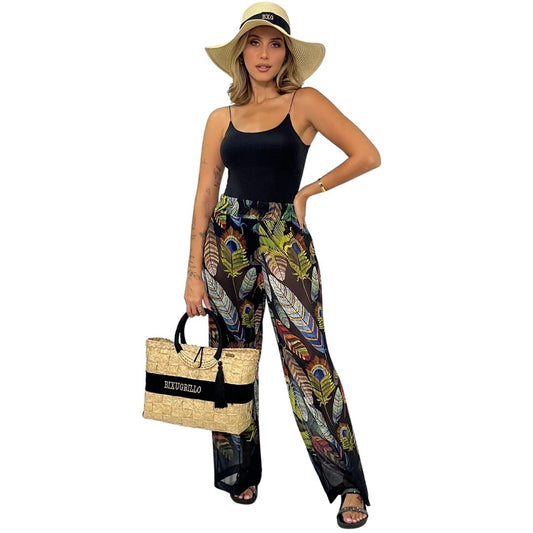 Calça pantalona em Tule BIXUGRILLO estampada  Penas Balck