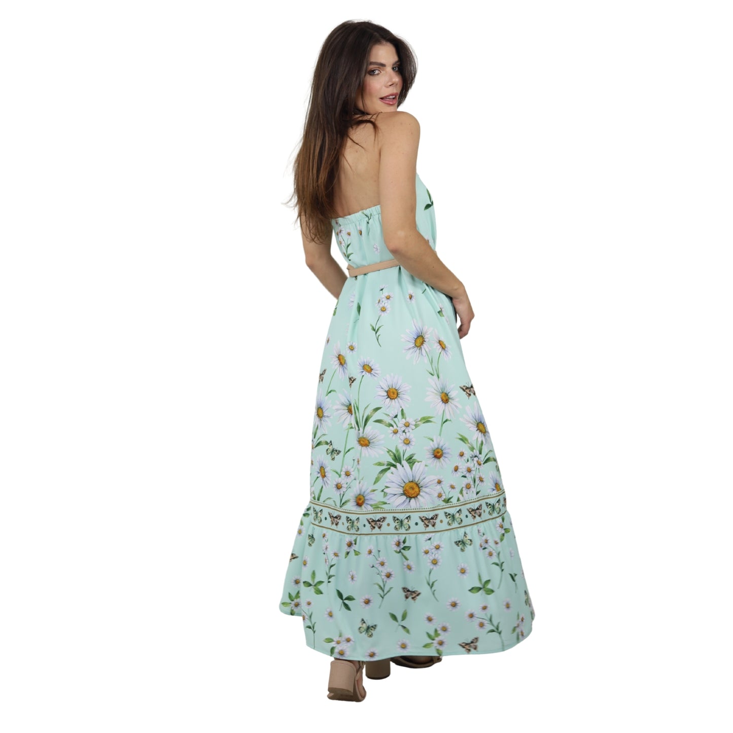 Vestido Evasê Midi de Alça  Bixugrillo estampado Margaridas Verde