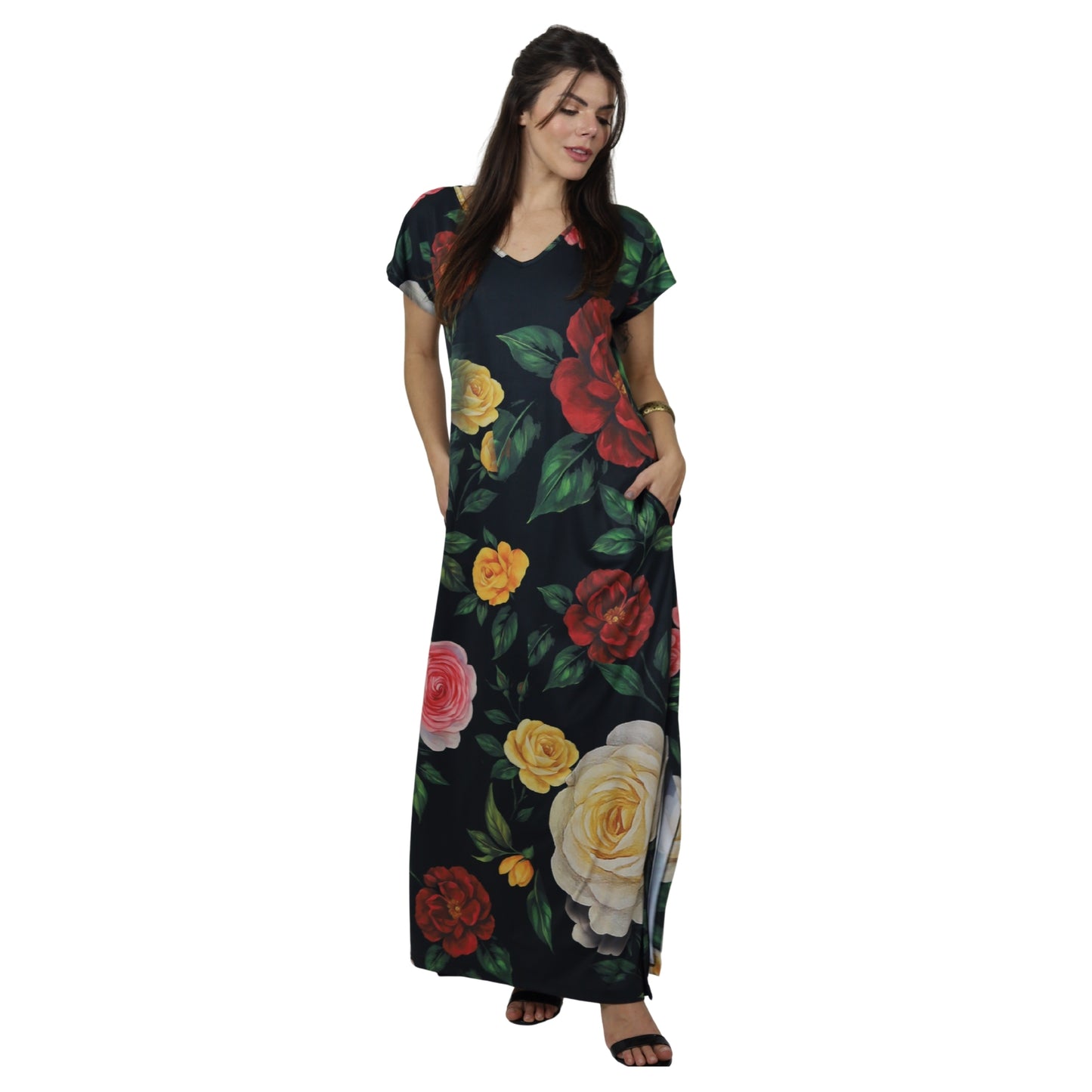Vestidos longo malha fria Bixugrillo estampado Rosas Bloom