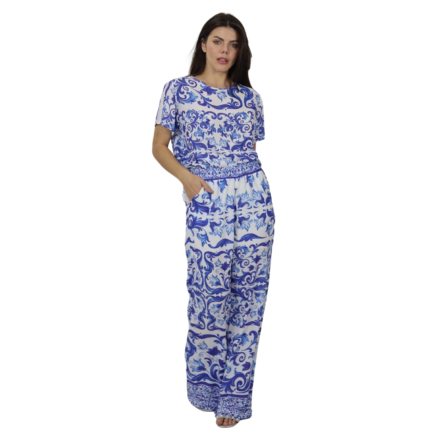 Conjunto Blusa e Pantalona BIXUGRILLO estampada Moldura Azul