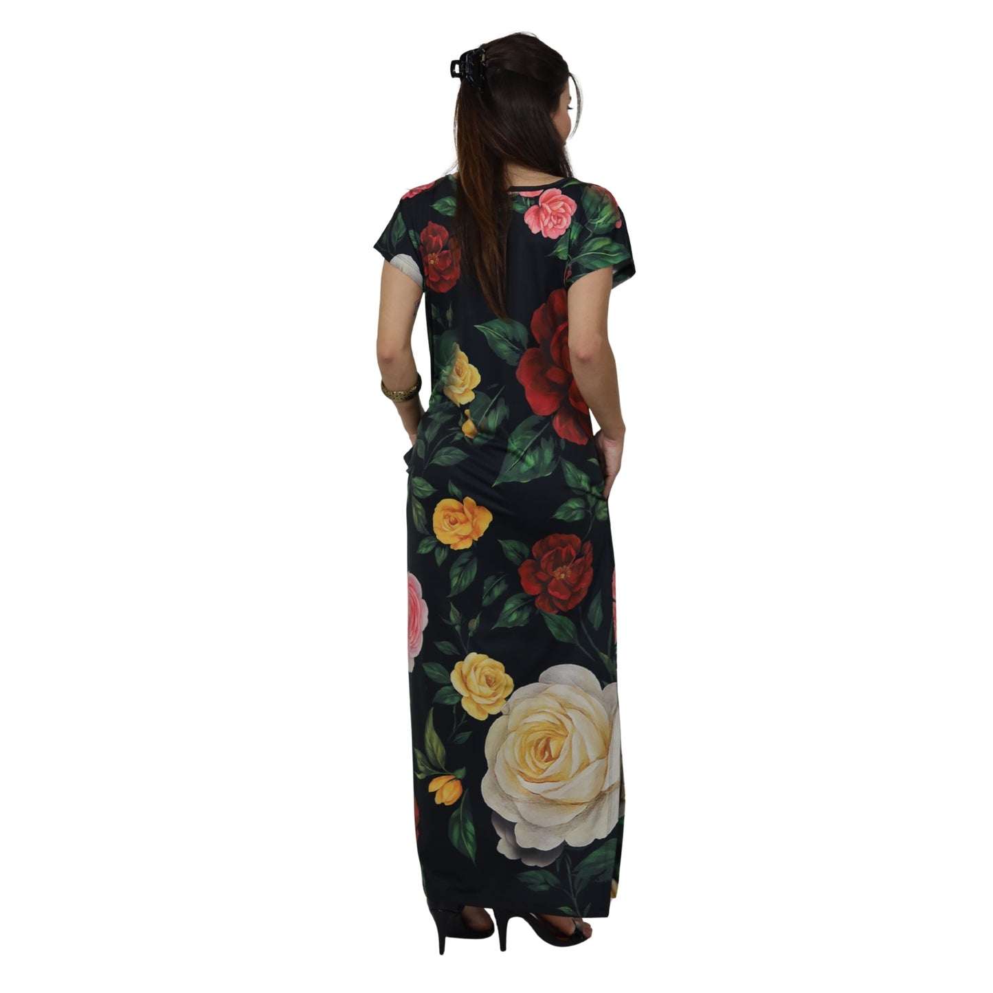 Vestidos longo malha fria Bixugrillo estampado Rosas Bloom