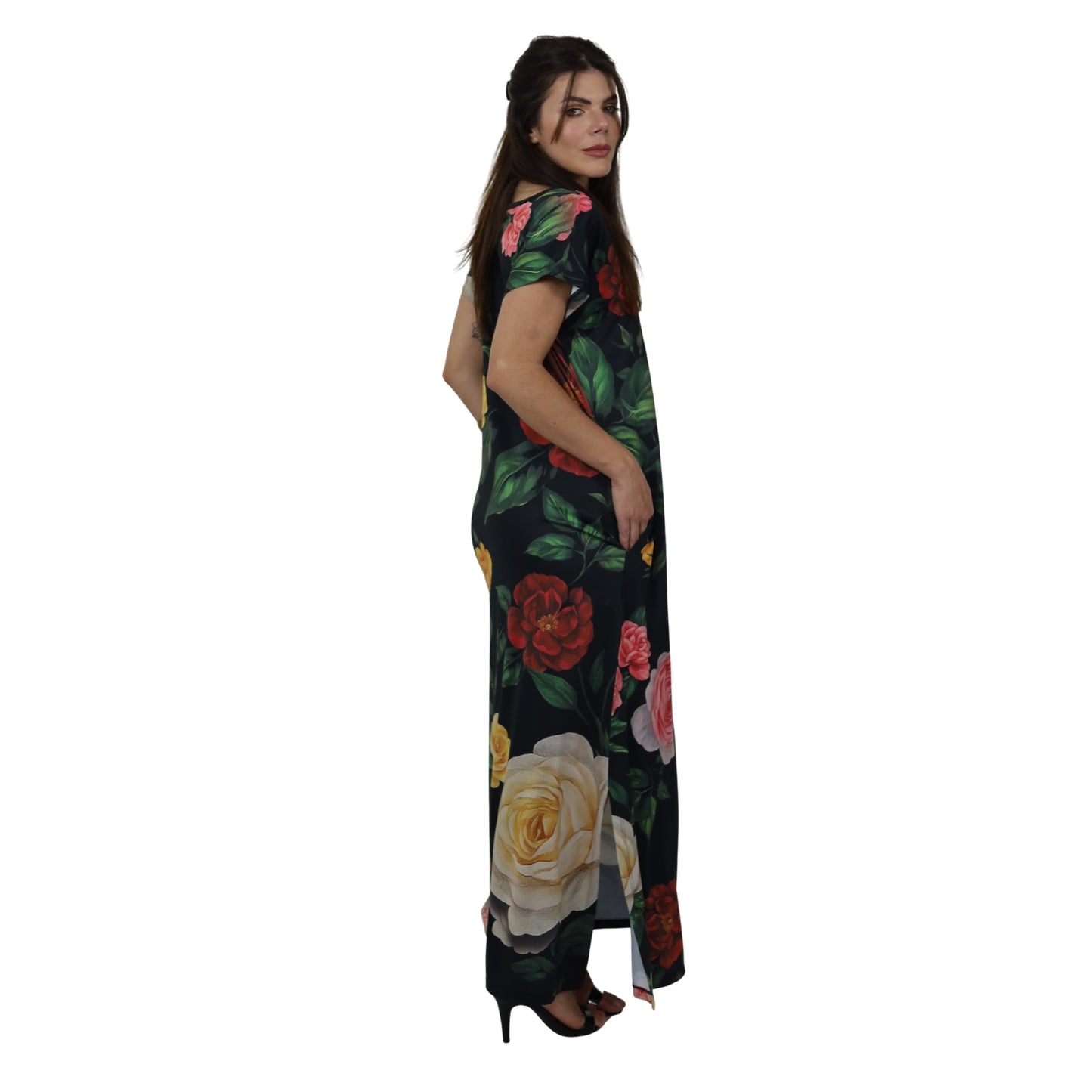 Vestidos longo malha fria Bixugrillo estampado Rosas Bloom