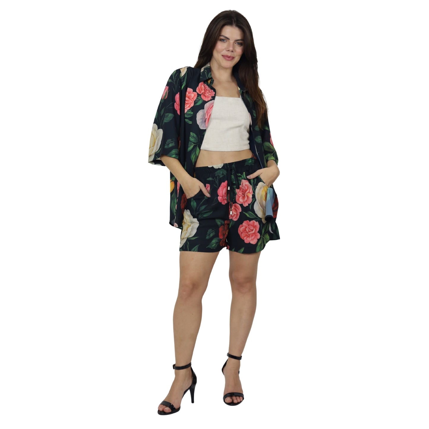 Conjunto 02 PÇS Camisão e Short BIXUGRILLO estampado Rosas Bloom
