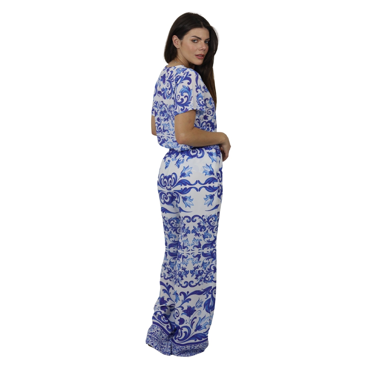 Conjunto Blusa e Pantalona BIXUGRILLO estampada Moldura Azul