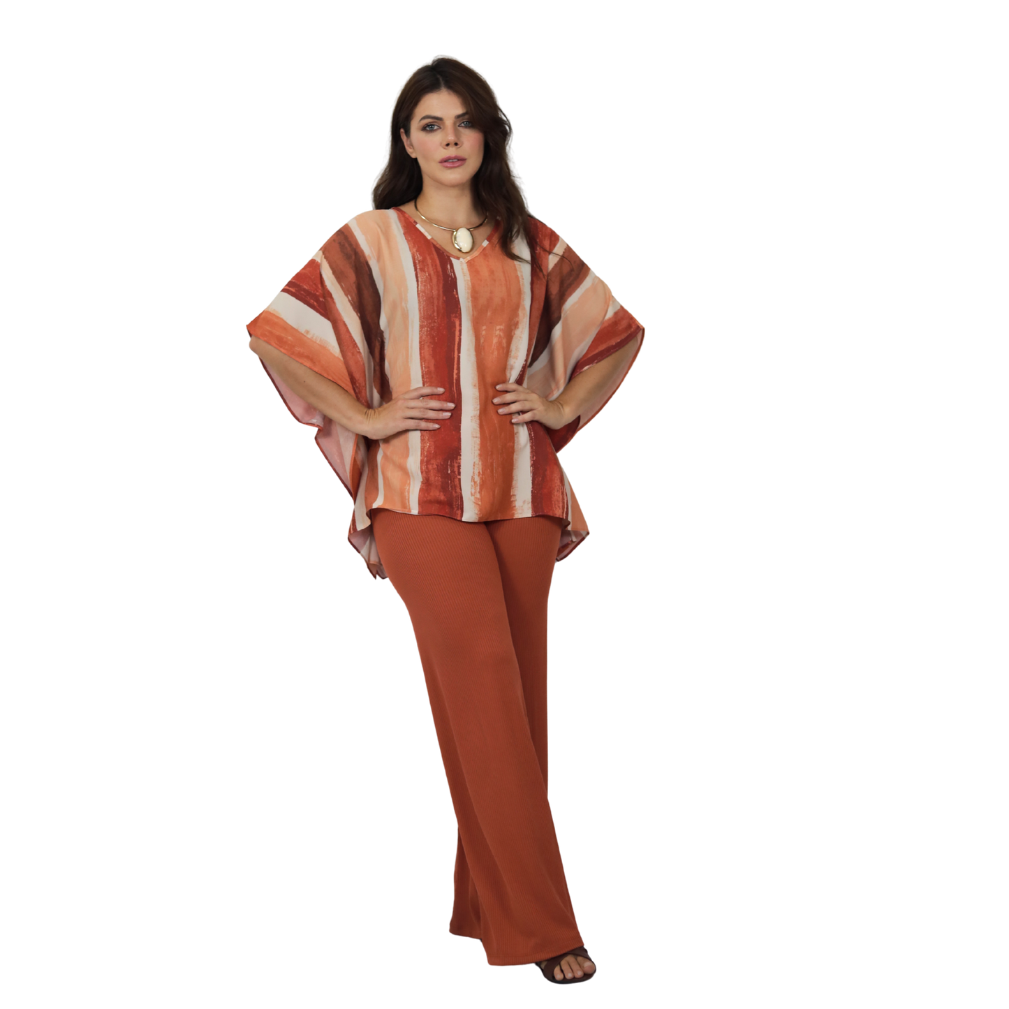 Conjunto Blusa kaftan e Pantalona BIXUGRILLO estampada Belle Rivière Terracotta