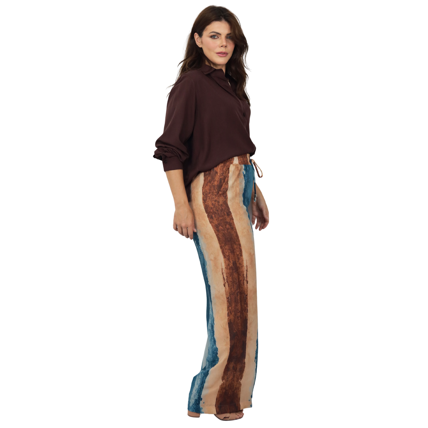 Conjunto 2pçs Camisão marron e Pantalona BIXUGRILLO estampado listras aquareladas