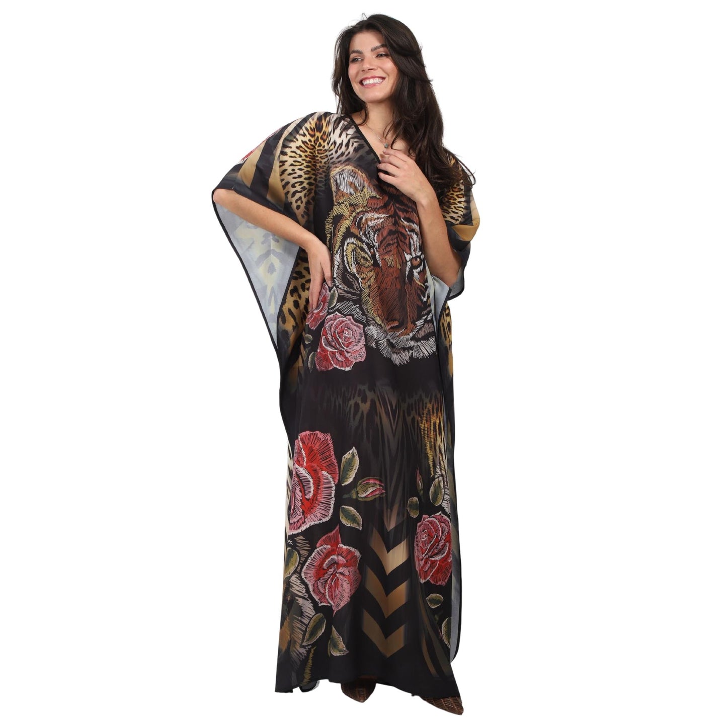 Kaftan vestido longa estampada Tigre