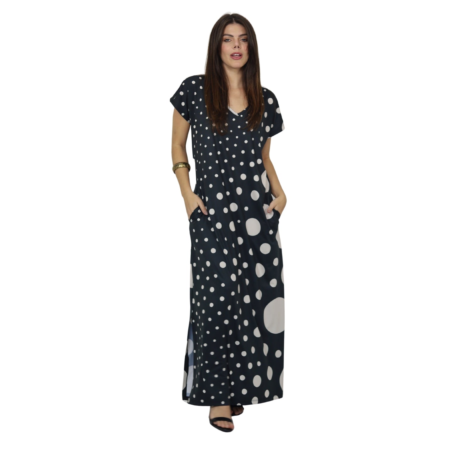 Vestidos longo malha fria Bixugrillo estampado Poá P&B