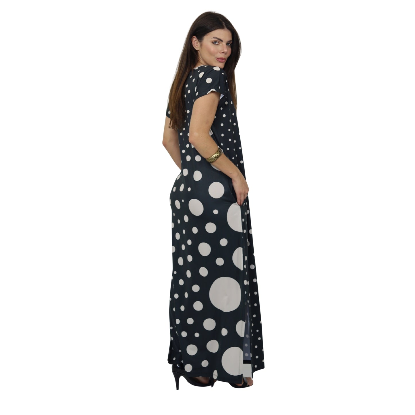 Vestidos longo malha fria Bixugrillo estampado Poá P&B