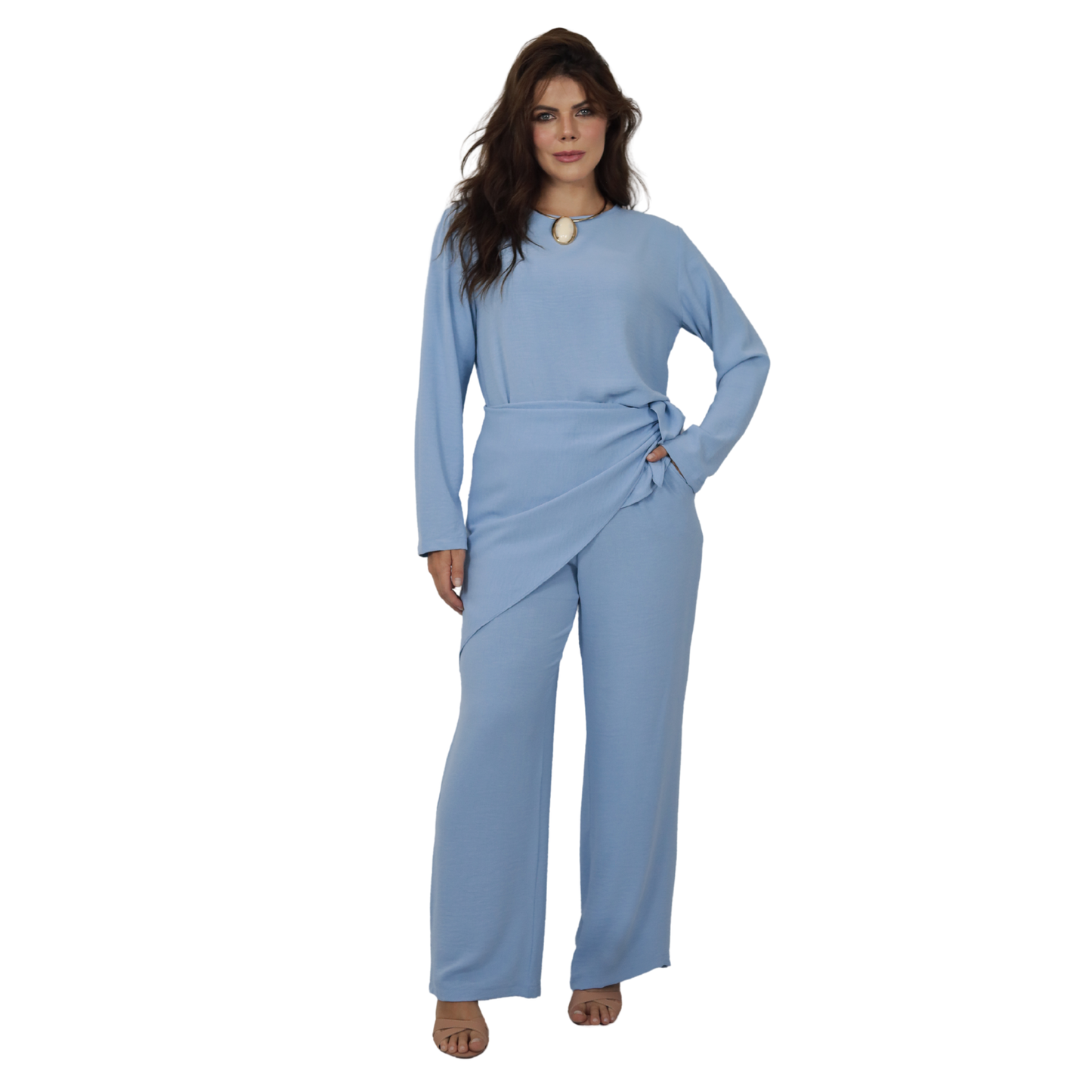 Conjunto 3pçs Blusa, Pantalona e Lenço  | BIXUGRILLO Estampada | Azul Claro