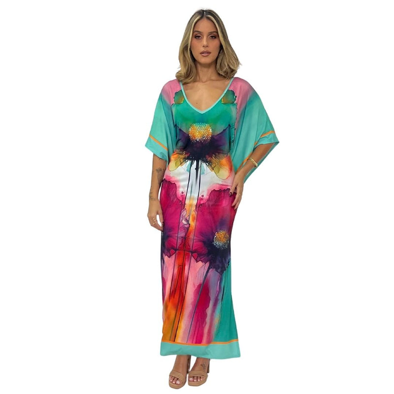 Kaftan vestido longo malha Bixugrillo estampa Aquqarela Duo